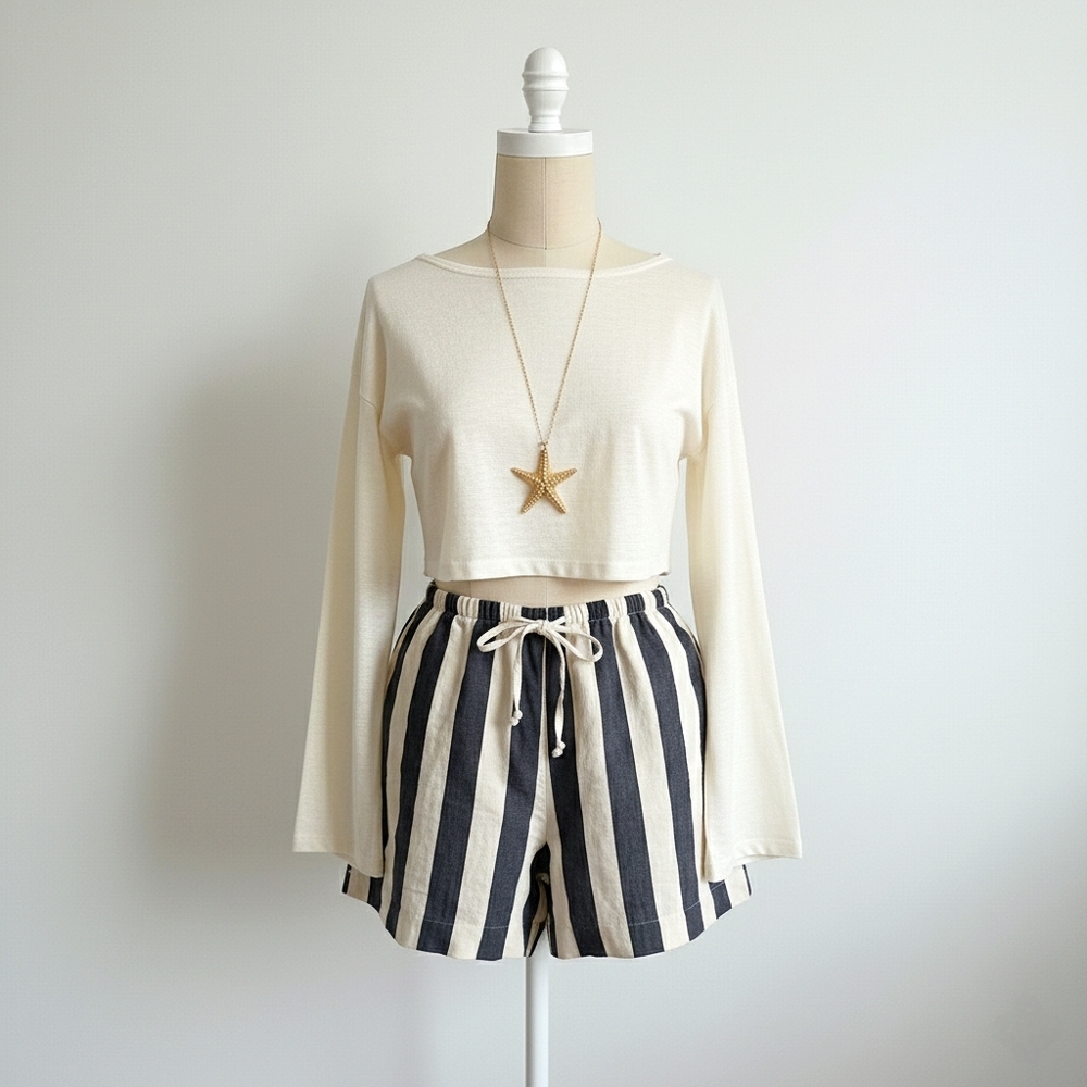 H&M Striped Navy Blue And Off White Linen Blend Shorts With Bow Tie